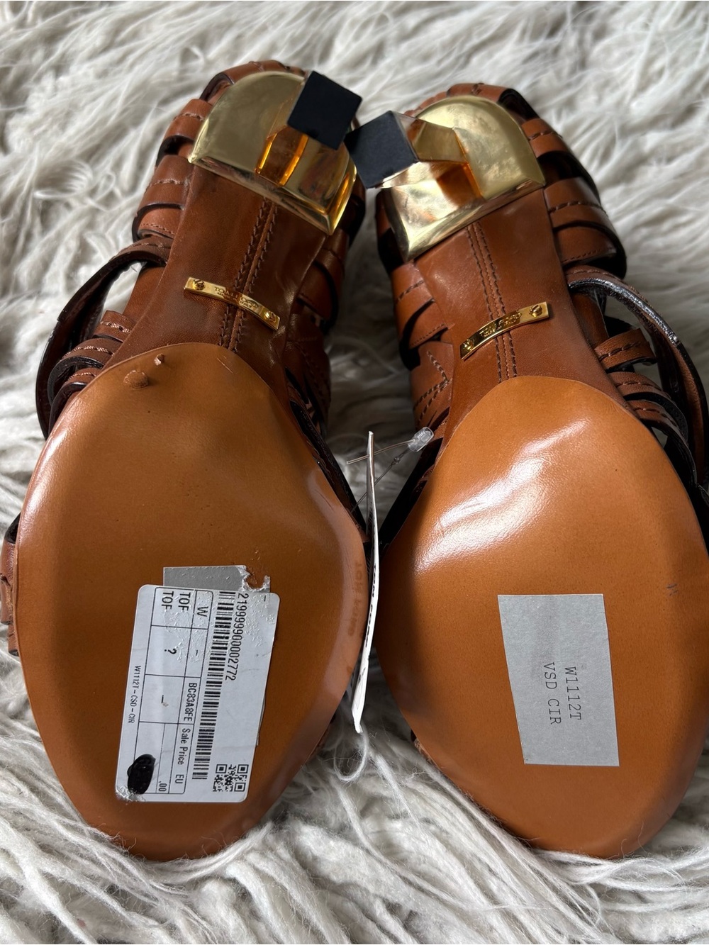Tom Ford Leaf Laser Cut Stitched Brown Leather Geometric Plexi Heel Sandals 37 - Picture 6 of 9